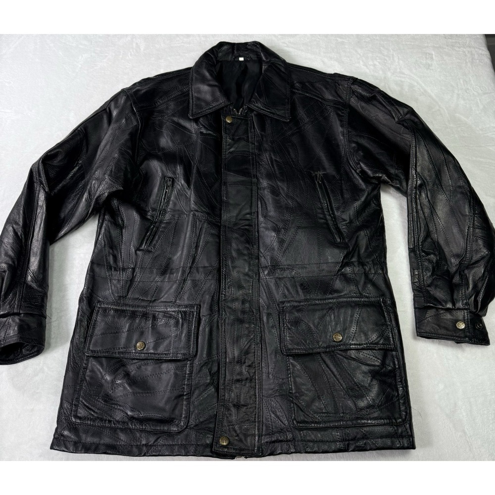 Vintage Leather Car Coat Jacket Retro Mens‎ Large Full Zip Snap Stitched Art Y2K